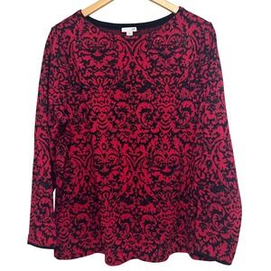 J Jill XL Top Red Black Damask Embellished Festive Holiday Long‎ Sleeve Blouse